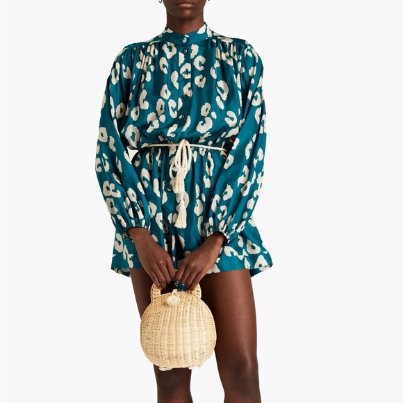 Zimmermann Silk Teal Long Sleeve Animal Leopard Gold Print Romper S / 4